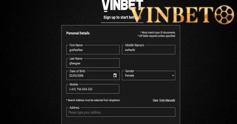 Giao diện đăng ký Vinbet với các bước đơn giản